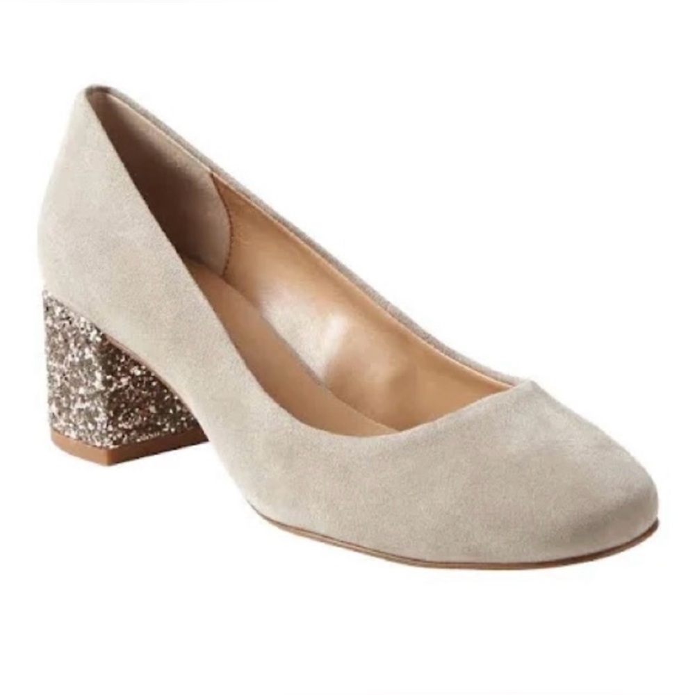 Banana Republic Beige Block Glittered Heel Suede Shoes size 9 - Picture 2 of 7